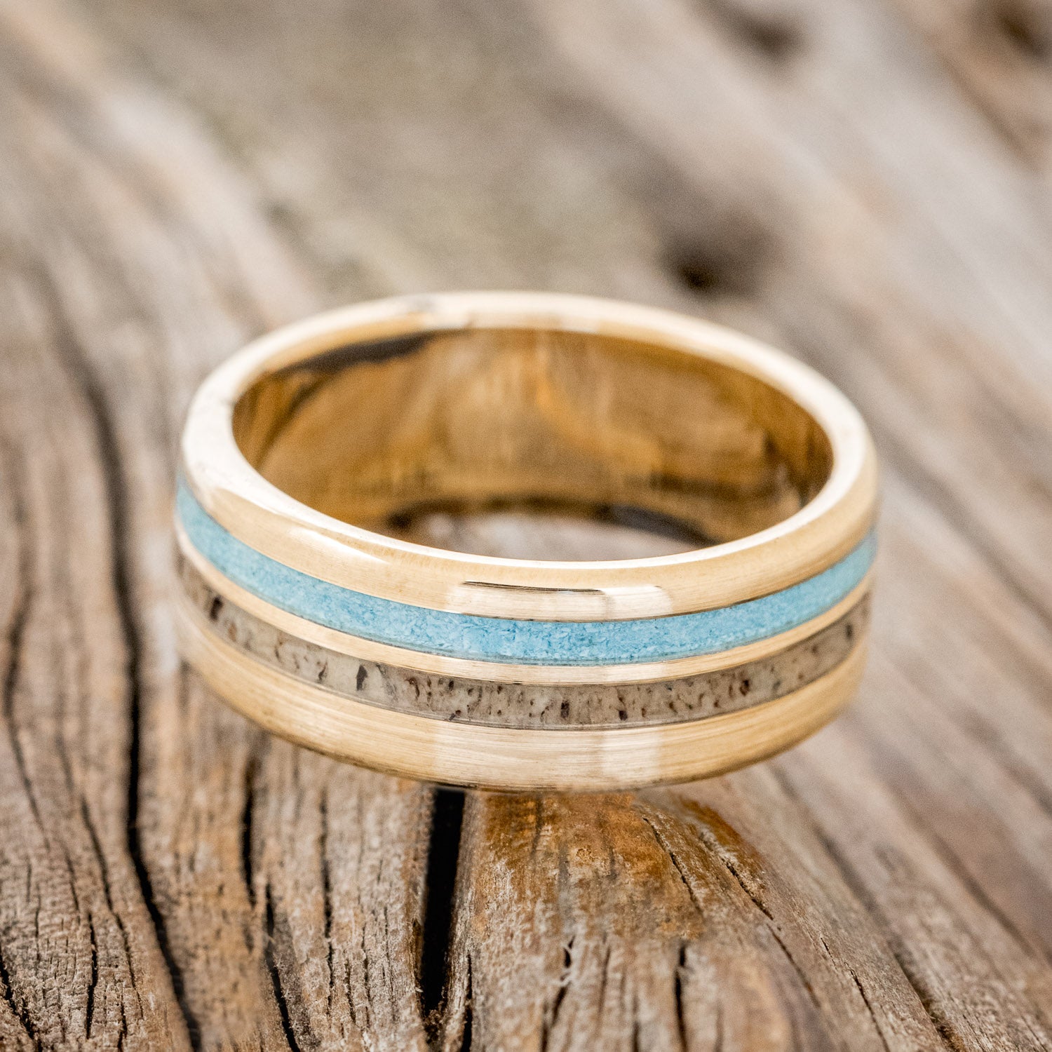 "COSMO" - TURQUOISE & ANTLER WEDDING RING WITH A BRUSHED 14K GOLD BAND-6