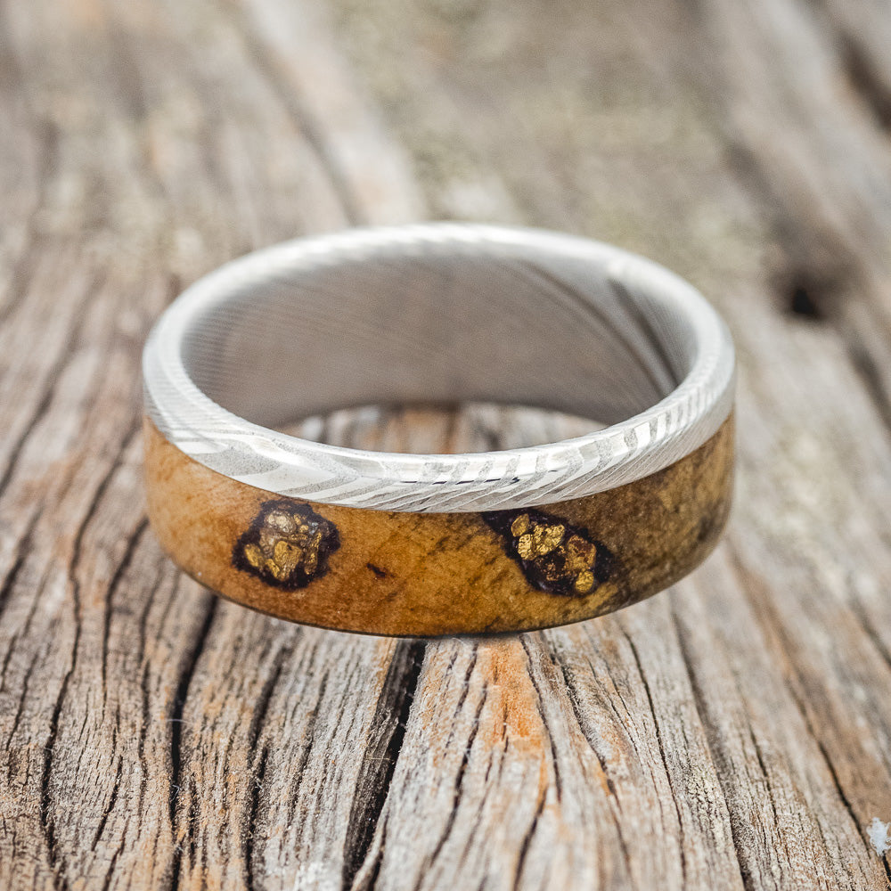 "EZRA" - BUCKEYE BURL WOOD & GOLD NUGGET WEDDING BAND-3