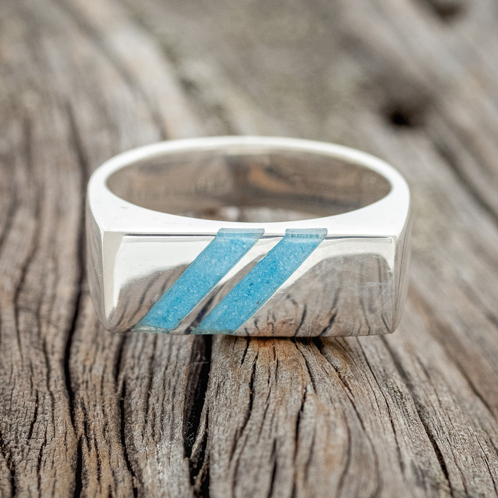 "TWAIN" - FLAT TOP WEDDING RING FEATURING DIAGONAL TURQUOISE INLAYS-3