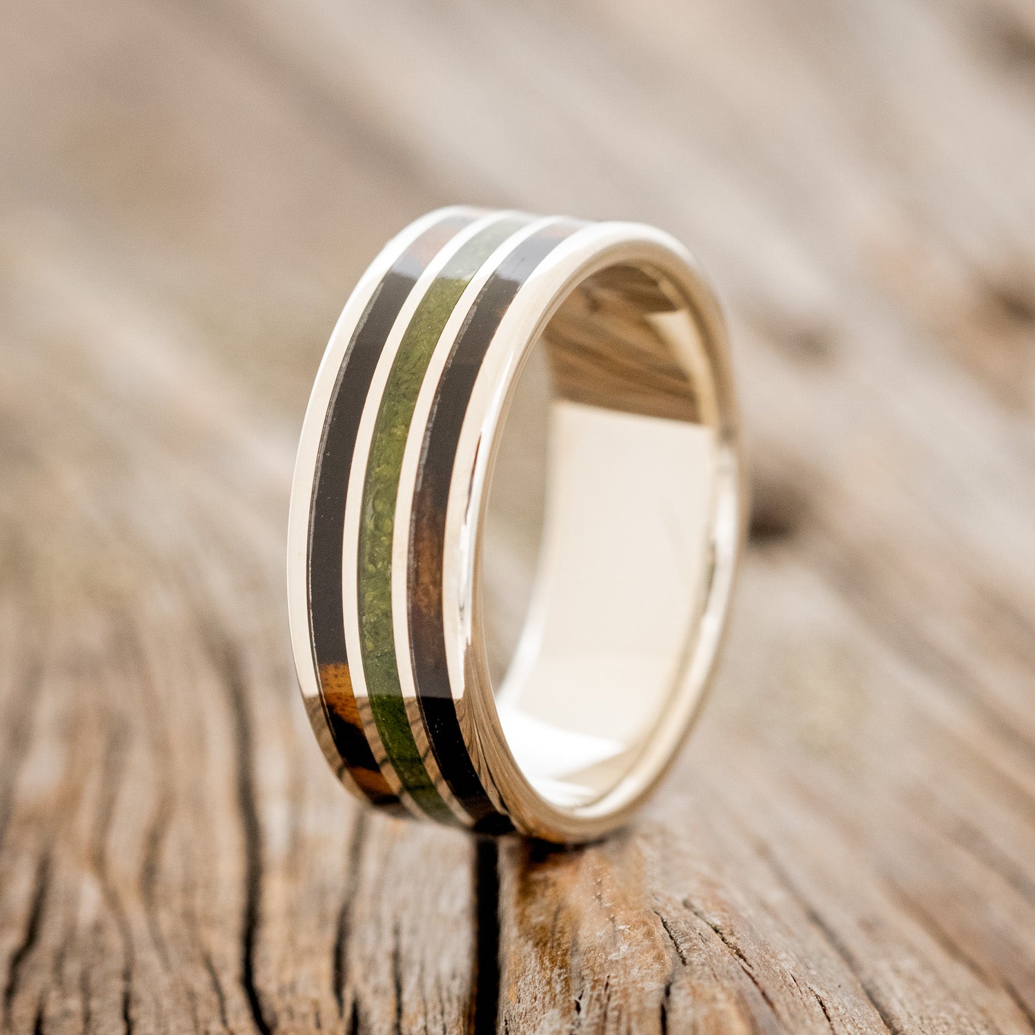 "RIO" - MOSS WITH BLACK & WHITE EBONY WOOD WEDDING RING FEATURING A 14K GOLD BAND-7