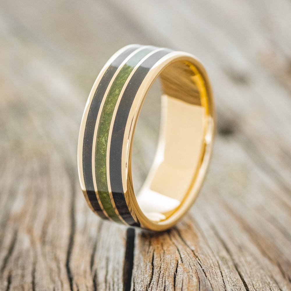 "RIO" - MOSS WITH BLACK & WHITE EBONY WOOD WEDDING RING FEATURING A 14K GOLD BAND-4