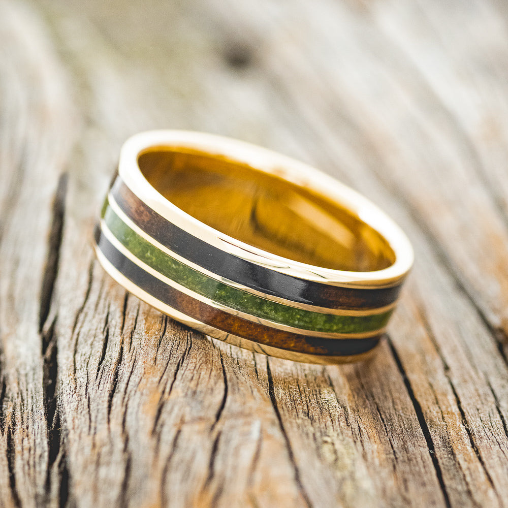 "RIO" - MOSS WITH BLACK & WHITE EBONY WOOD WEDDING RING FEATURING A 14K GOLD BAND-5