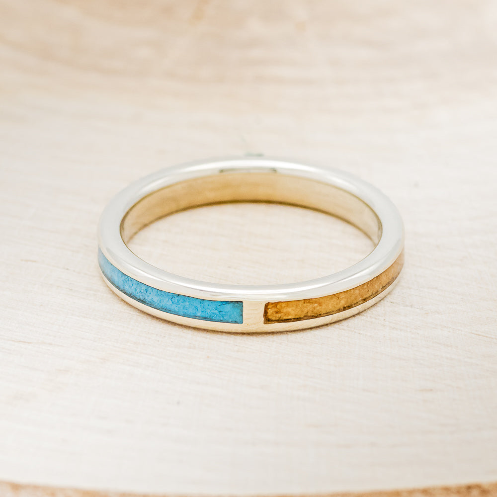 "HARMONY" - TURQUOISE & WHISKEY BARREL OAK SPLIT STACKING BAND-2