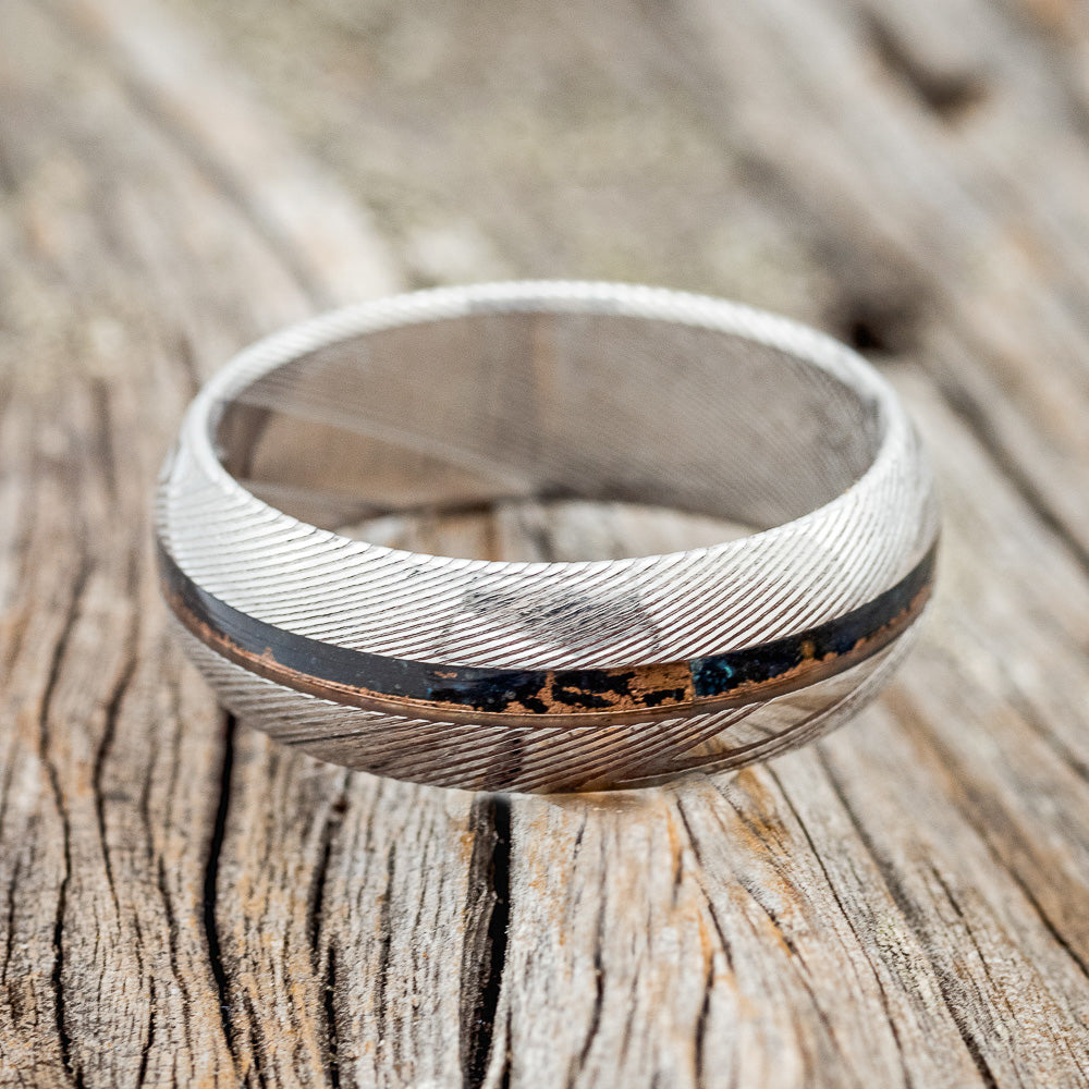 "NIRVANA" - DOMED DAMASCUS STEEL WEDDING BAND WITH PATINA COPPER INLAY-3