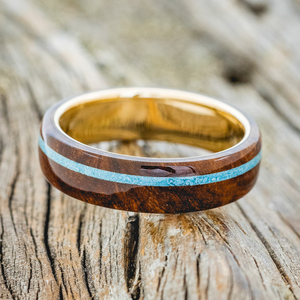 "REMMY" - REDWOOD & TURQUOISE WEDDING RING FEATURING A 14K GOLD BAND-3