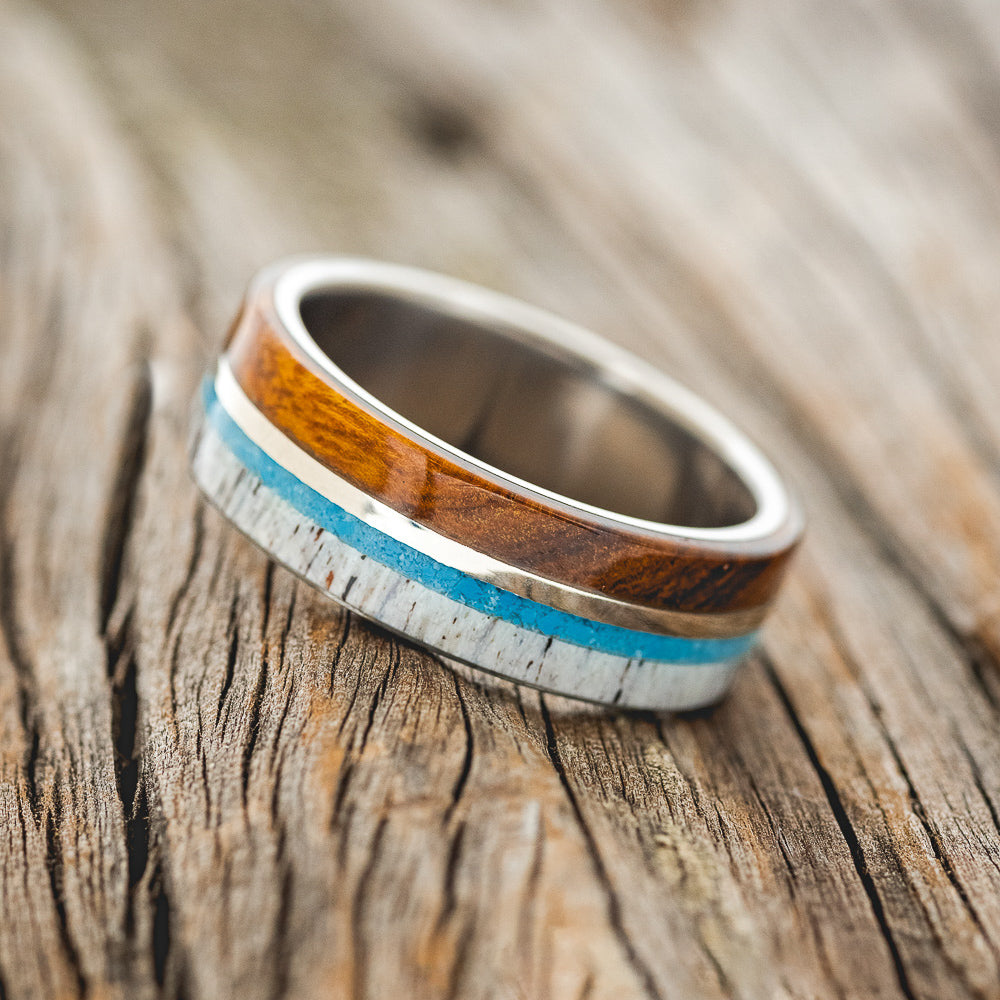 "ARGOS" - ANTLER, TURQUOISE, 14K GOLD & IRONWOOD WEDDING RING-2