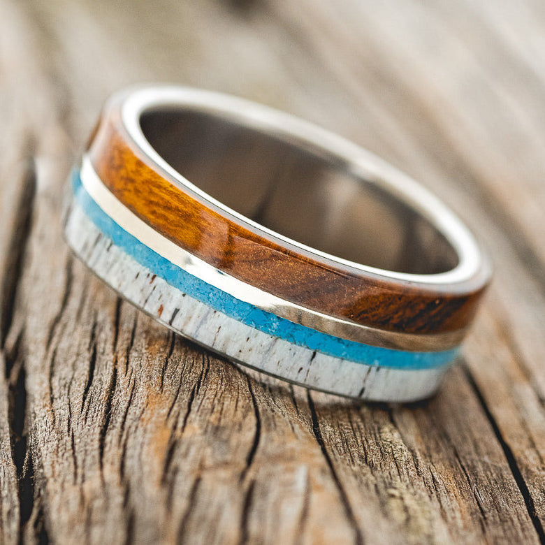 "ARGOS" - ANTLER, TURQUOISE, 14K GOLD & IRONWOOD WEDDING RING-2