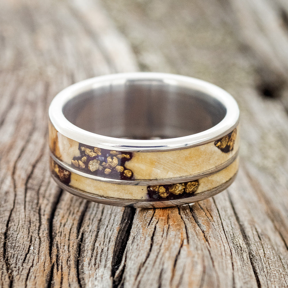 "RAPTOR" - BUCKEYE BURL WOOD WITH GOLD NUGGET INLAYS WEDDING RING-3