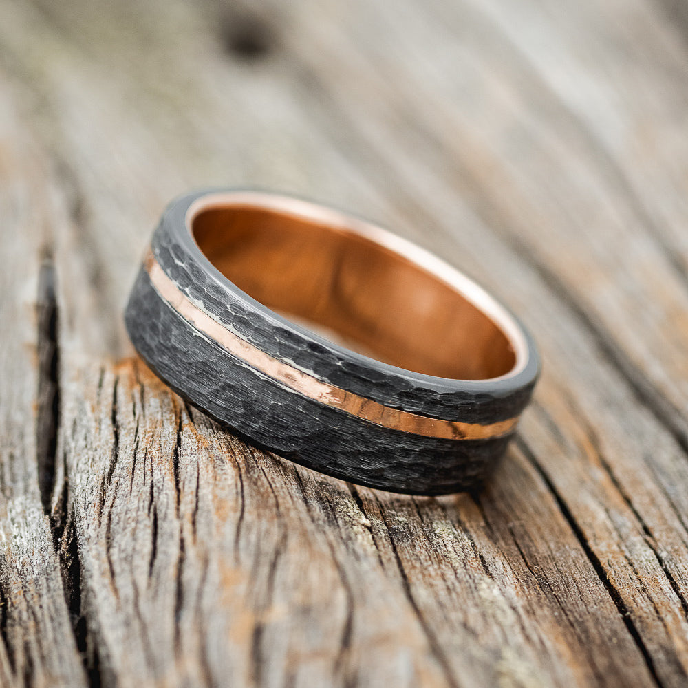 HAMMERED BLACK ZIRCONIUM & 14K GOLD INLAY WEDDING RING FEATURING A 14K GOLD BAND-2