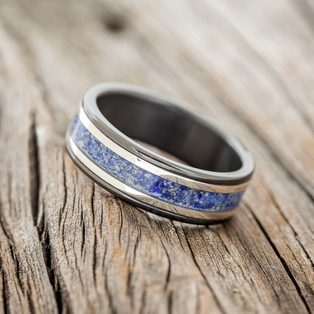 "HOLLIS" - LAPIS LAZULI & OPAL MIXTURE WITH 14K GOLD INLAYS WEDDING RING-2