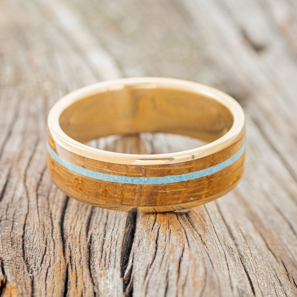 "RAINIER" - WHISKEY BARREL OAK & OFFSET TURQUOISE INLAY WEDDING RING-3
