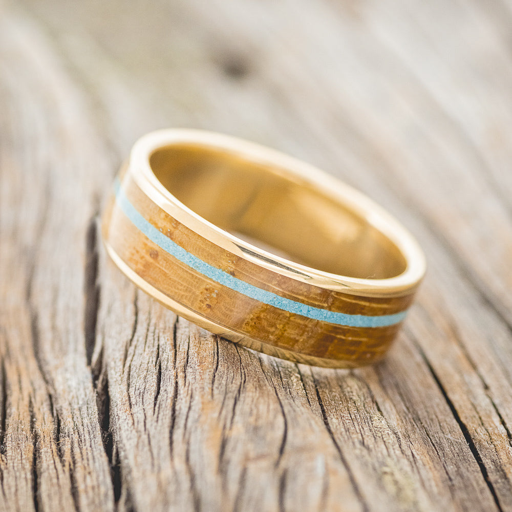 "RAINIER" - WHISKEY BARREL OAK & OFFSET TURQUOISE INLAY WEDDING RING-2