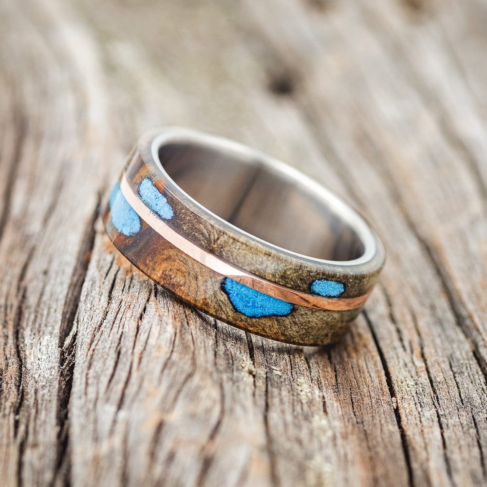 "GOLDEN" - BUCKEYE BURL WOOD & TURQUOISE WEDDING BAND WITH 14K GOLD INLAY-2