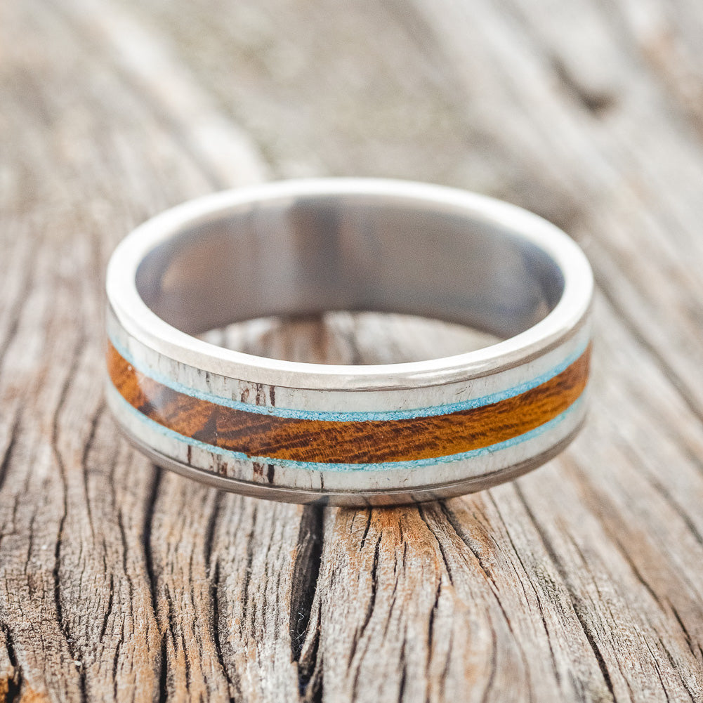 "RAINIER" - ELK ANTLER, TURQUOISE & IRONWOOD WEDDING RING-3