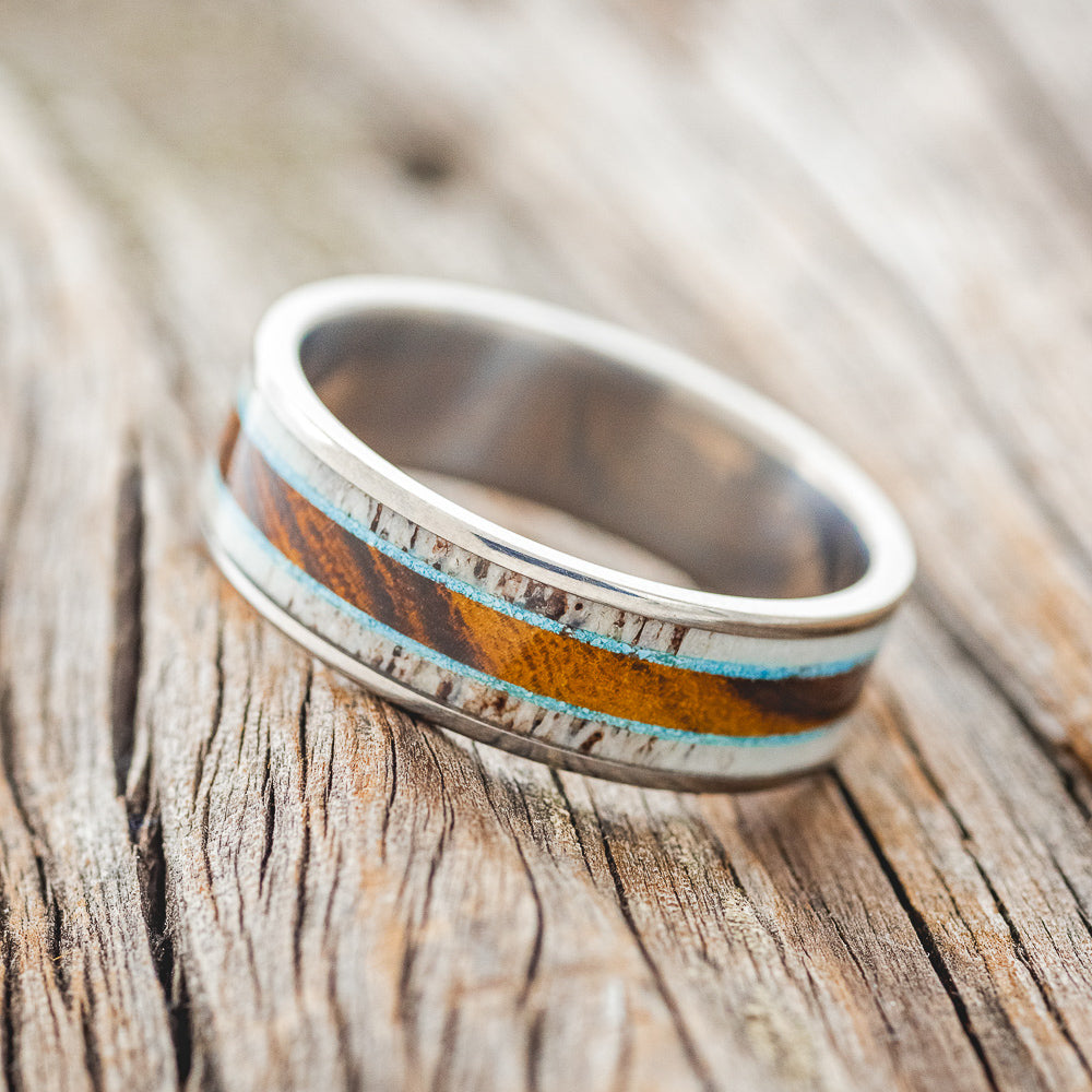 "RAINIER" - ELK ANTLER, TURQUOISE & IRONWOOD WEDDING RING-2
