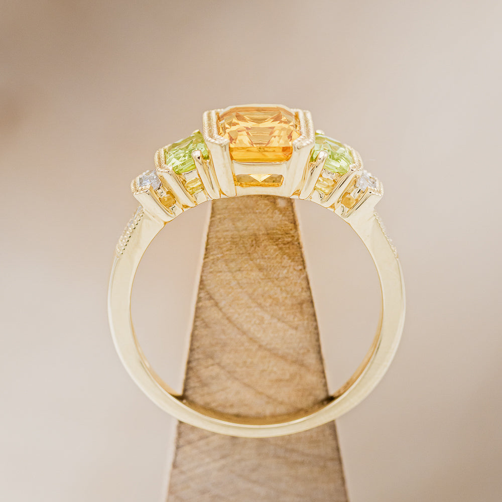 "HAZEL" - EMERALD CUT CITRINE ENGAGEMENT RING WITH PERIDOT & DIAMOND ACCENTS-5