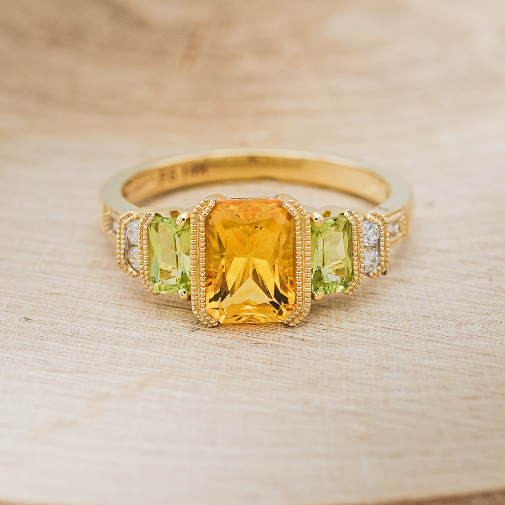 "HAZEL" - EMERALD CUT CITRINE ENGAGEMENT RING WITH PERIDOT & DIAMOND ACCENTS-4