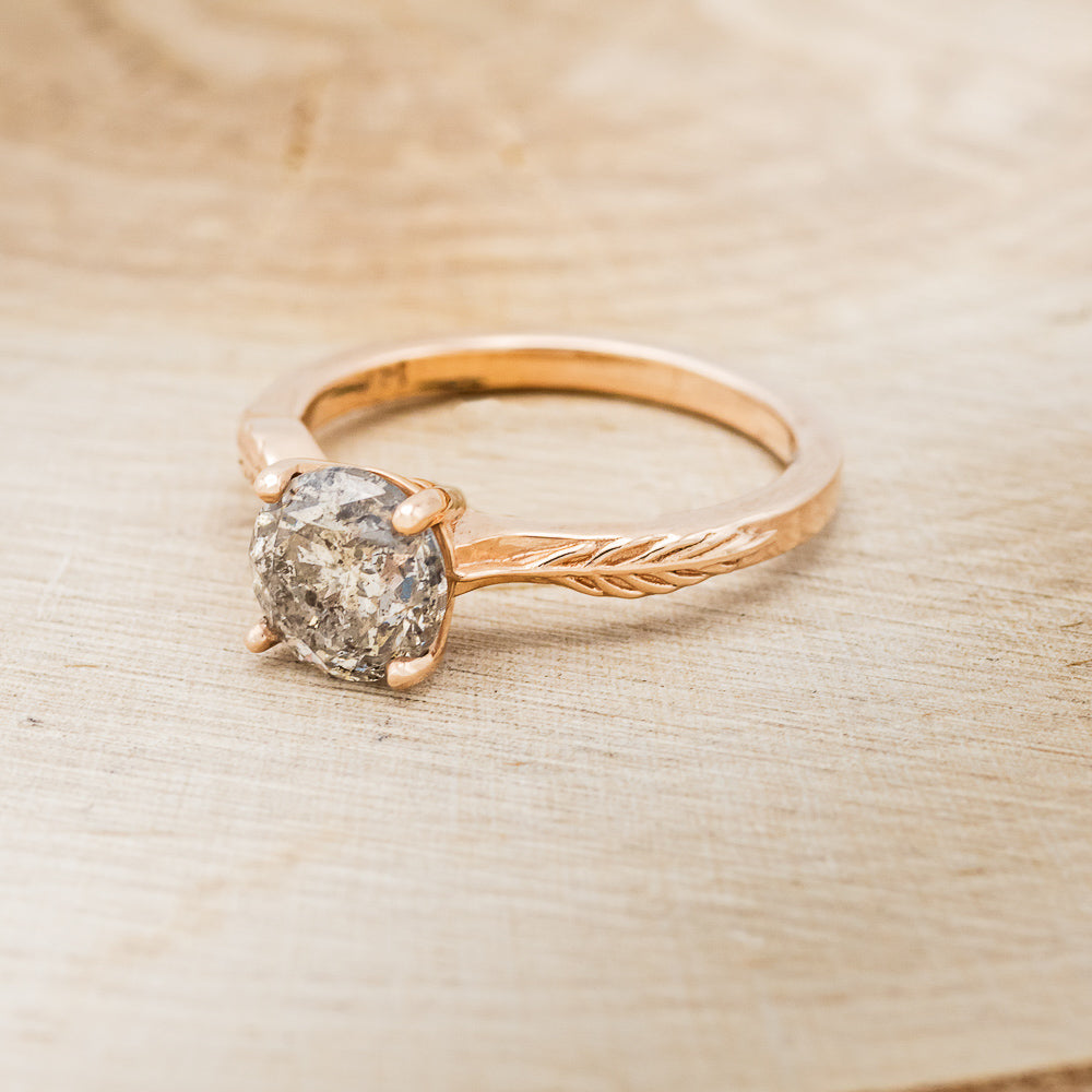 "HOPE" - ROUND CUT SALT & PEPPER DIAMOND SOLITAIRE ENGAGEMENT RING WITH FEATHER ACCENTS-3