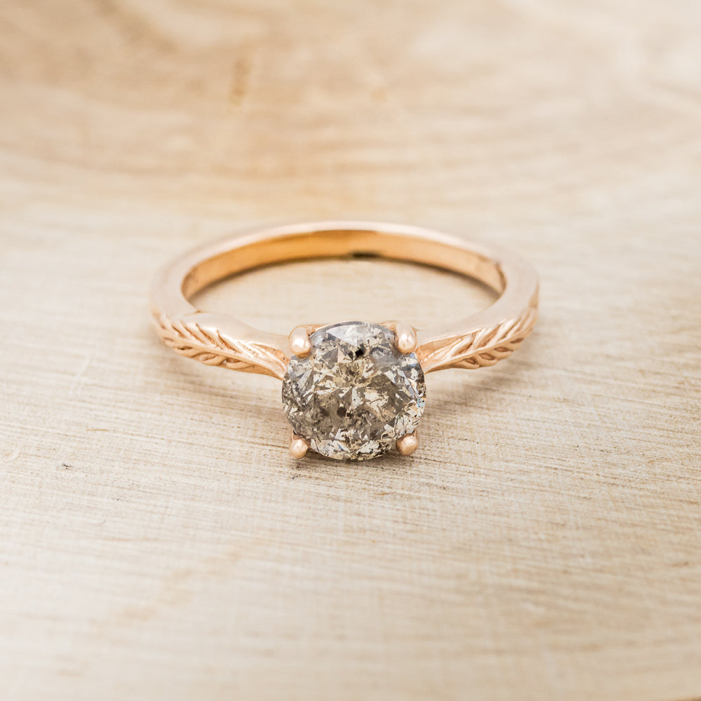 "HOPE" - ROUND CUT SALT & PEPPER DIAMOND SOLITAIRE ENGAGEMENT RING WITH FEATHER ACCENTS-4