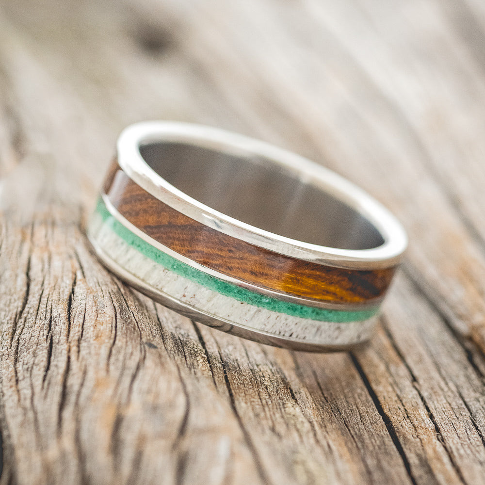 "DYAD" - IRONWOOD, ANTLER & MALACHITE WEDDING BAND-2