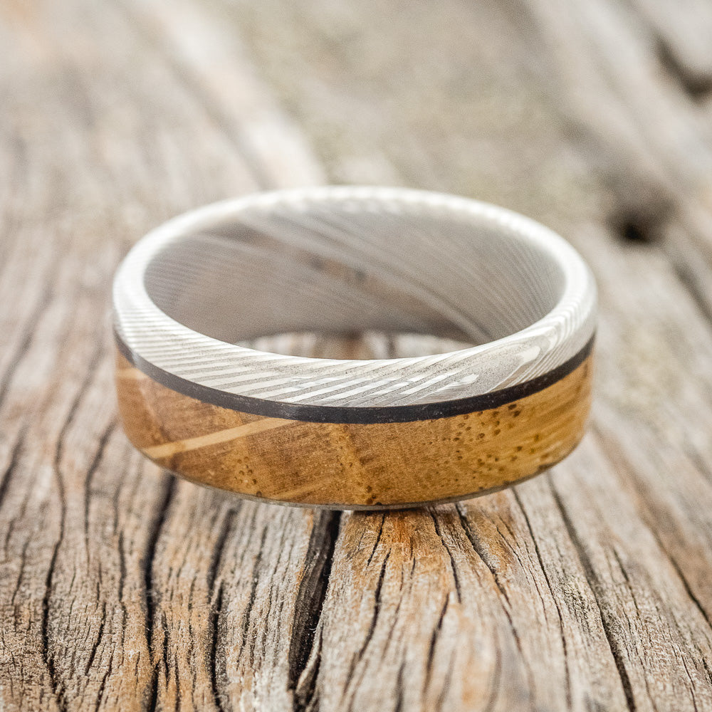 "EZRA" - WHISKEY BARREL & CHARRED WHISKEY BARREL WEDDING BAND - DAMASCUS STEEL - SIZE 10 1/2-3