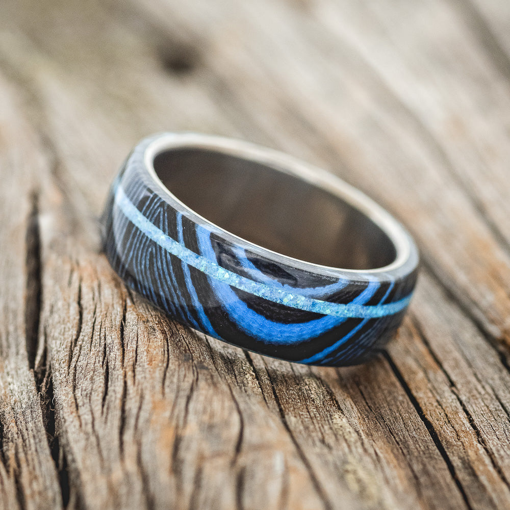 "REMMY" - BLUE & BLACK WAVE WEDDING BAND WITH A BLUE OPAL INLAY-2