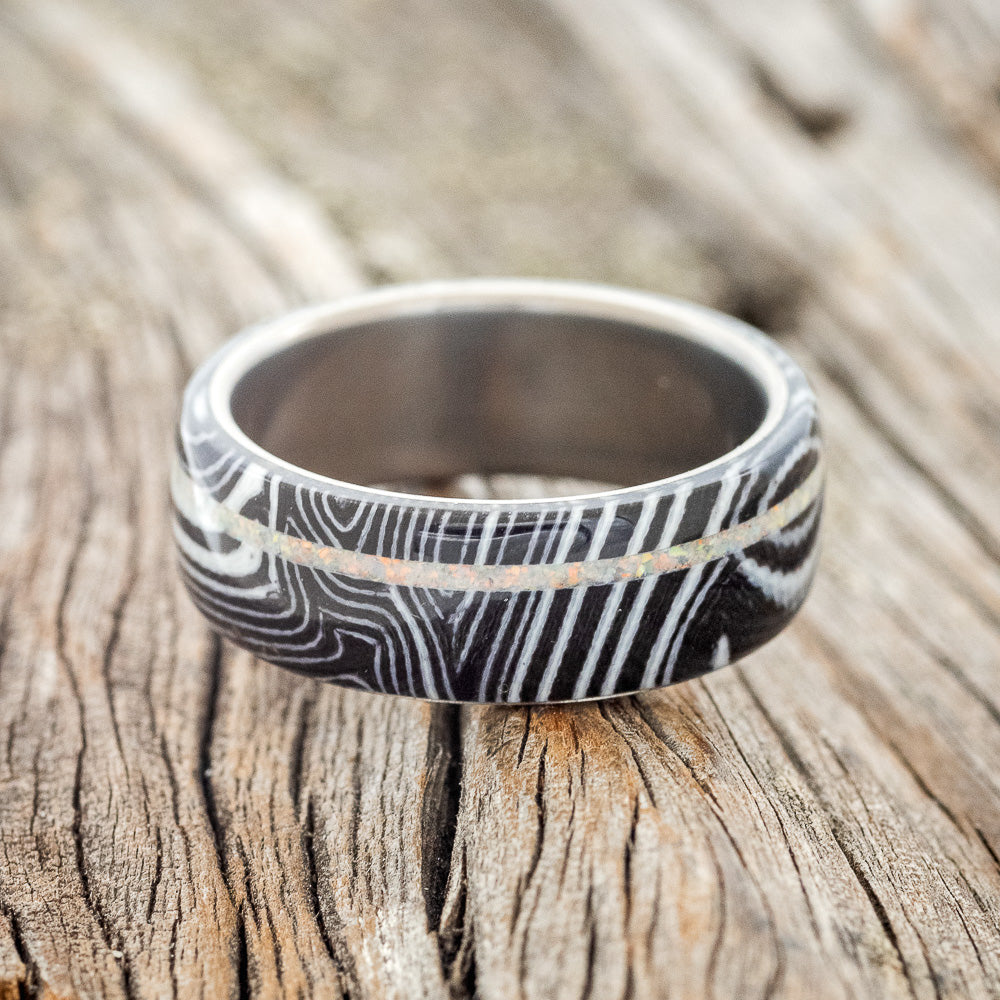 "REMMY" - BLACK & WHITE WAVE WEDDING BAND WITH FIRE AND ICE OPAL INLAY-3