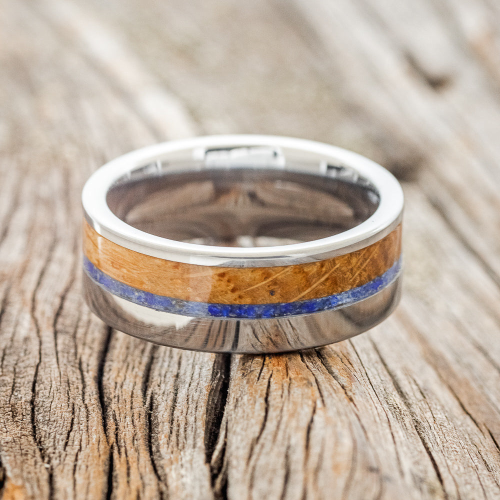 "TANNER" - WHISKEY BARREL OAK & LAPIS LAZULI WEDDING RING - READY TO SHIP-3