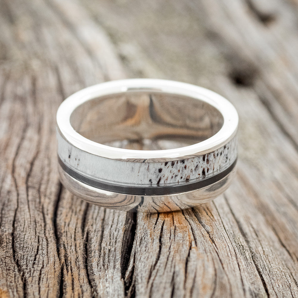 "TANNER" - MATCHING SET OF ANTLER & BLACK ZIRCONIUM INLAY WEDDING RINGS-3