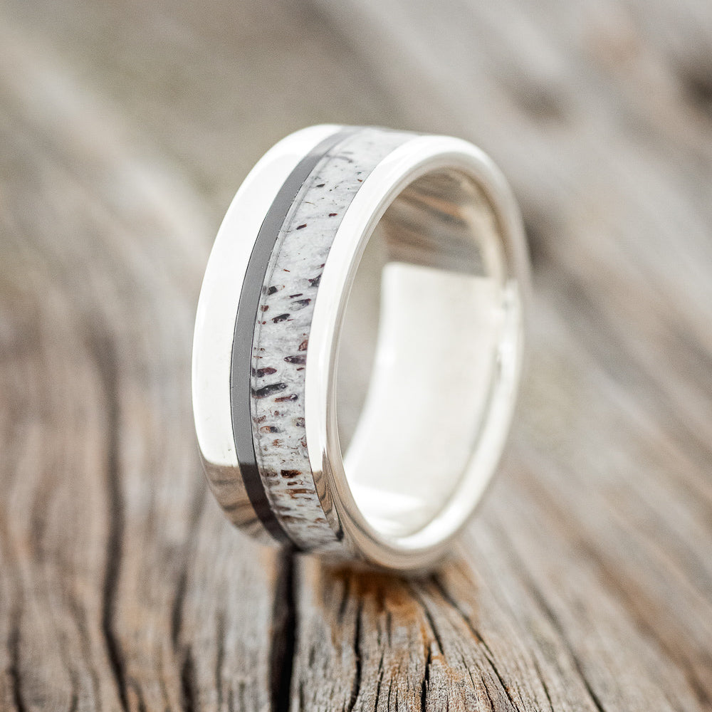 "TANNER" - MATCHING SET OF ANTLER & BLACK ZIRCONIUM INLAY WEDDING RINGS-4