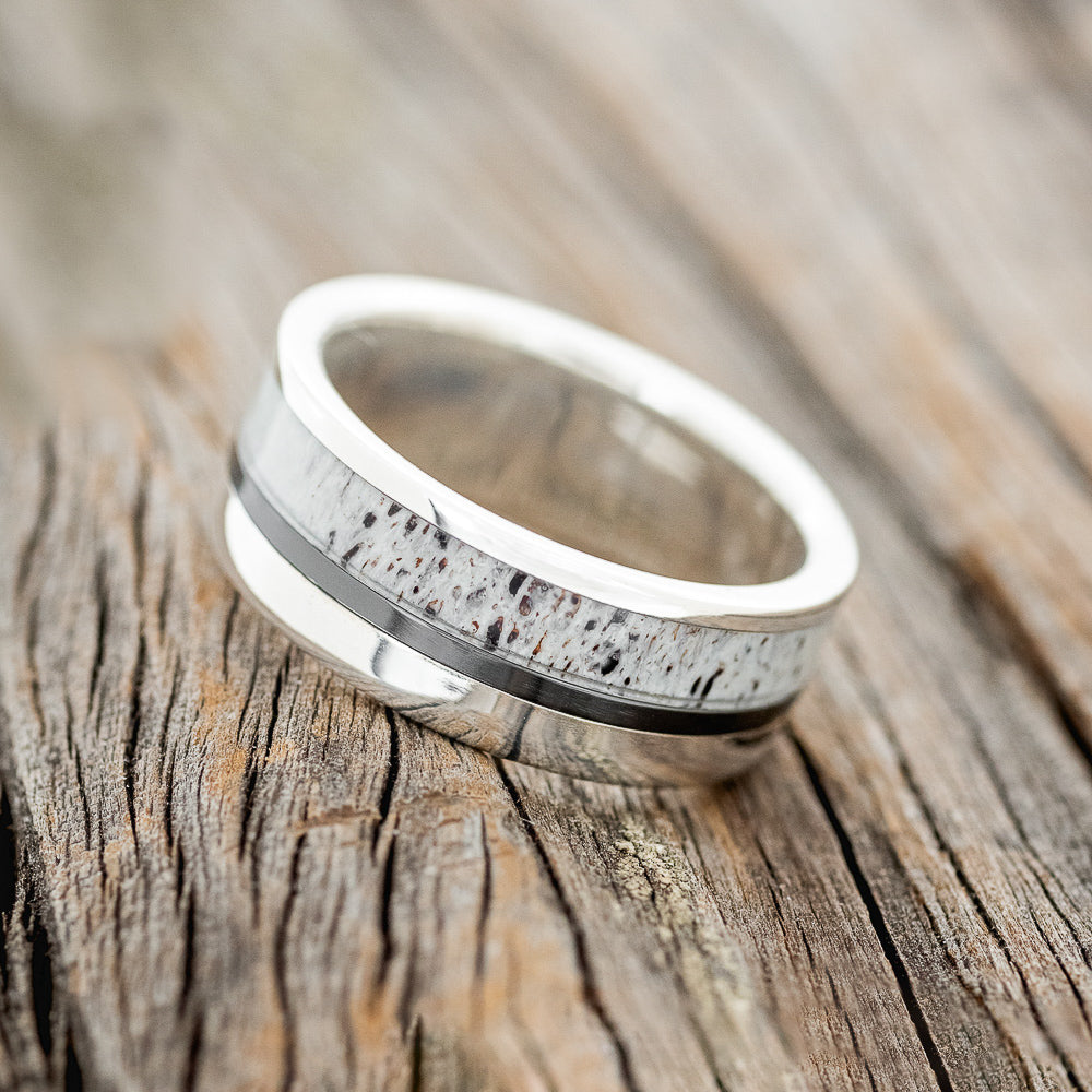 "TANNER" - MATCHING SET OF ANTLER & BLACK ZIRCONIUM INLAY WEDDING RINGS-2