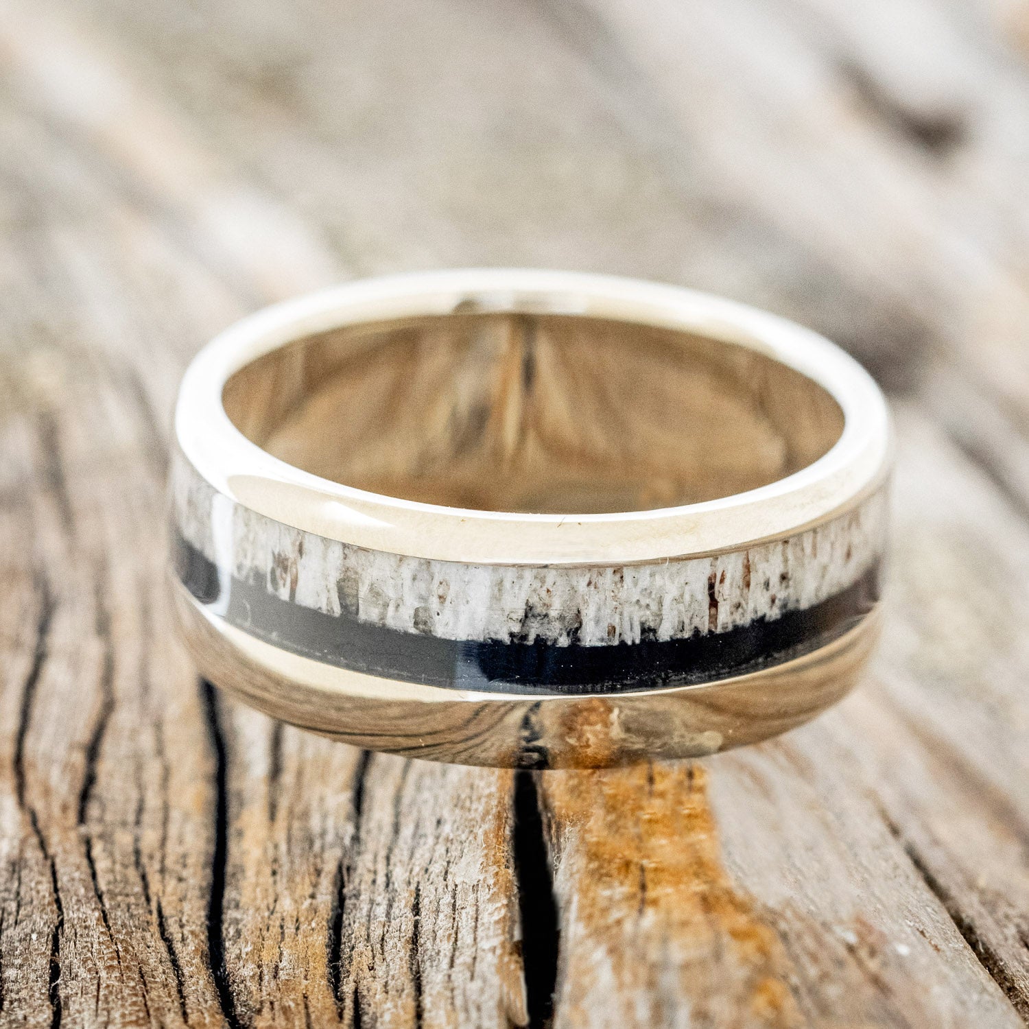 "TANNER" - MATCHING SET OF ANTLER & JET STONE WEDDING RINGS-4