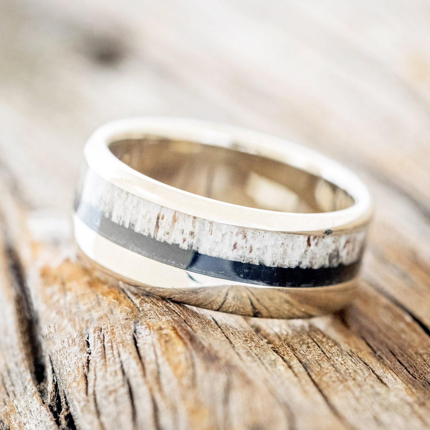 "TANNER" - MATCHING SET OF ANTLER & JET STONE WEDDING RINGS-3