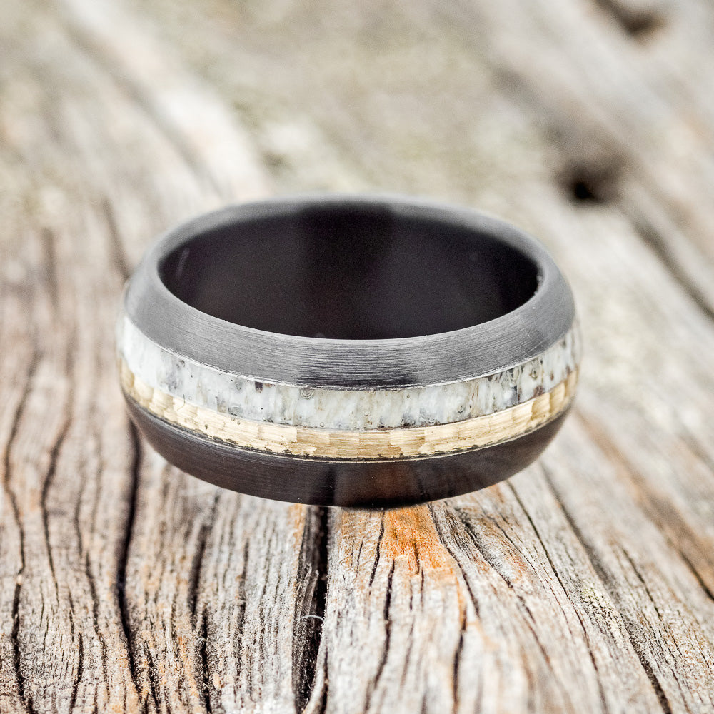 "TANNER" - DOMED ANTLER WEDDING RING FEATURING A HAMMERED 14K GOLD INLAY WITH A BRUSHED FINISH-3