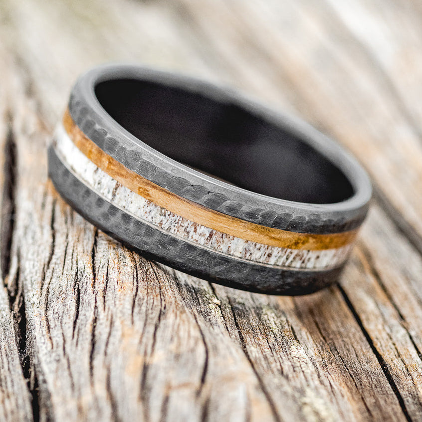 "CASTOR" - ANTLER & WHISKEY BARREL OAK WEDDING RING WITH A HAMMERED FINISH - READY TO SHIP-5