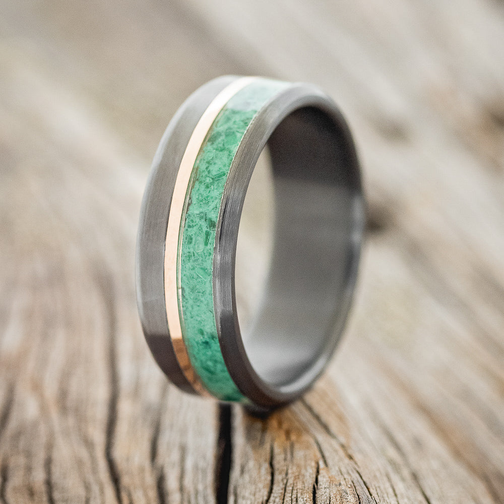 "TANNER" - MATCHING SET OF MALACHITE & 14K GOLD WEDDING RINGS FEATURING A BRUSHED BLACK ZIRCONIUM BAND-2