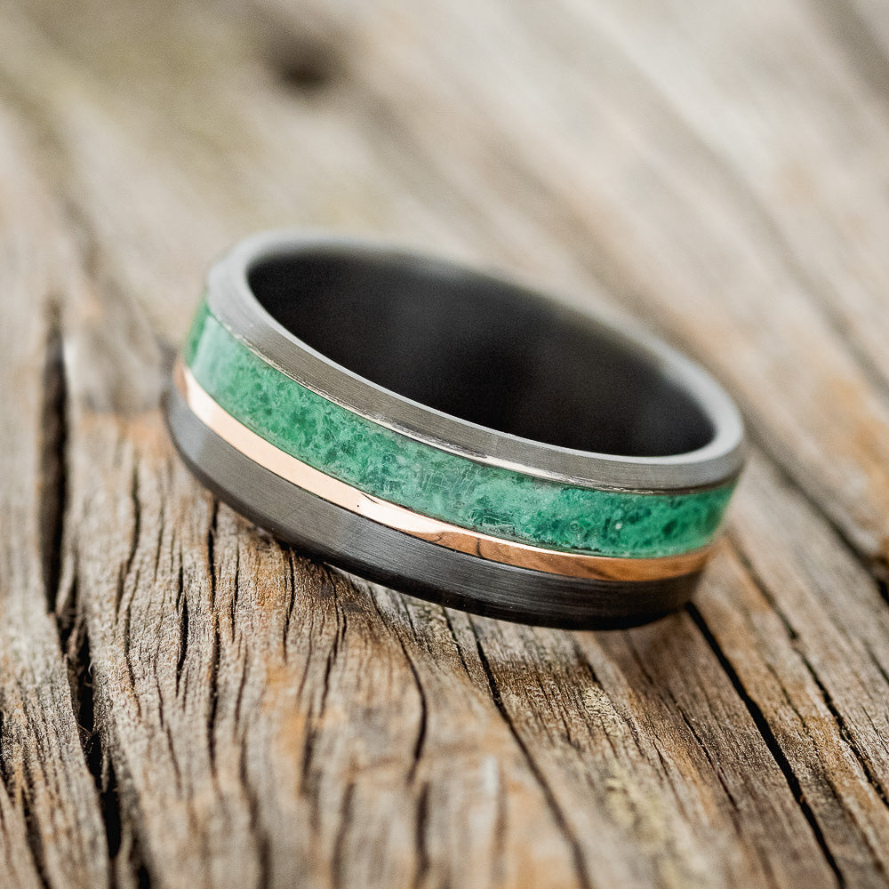 "TANNER" - MATCHING SET OF MALACHITE & 14K GOLD WEDDING RINGS FEATURING A BRUSHED BLACK ZIRCONIUM BAND-4