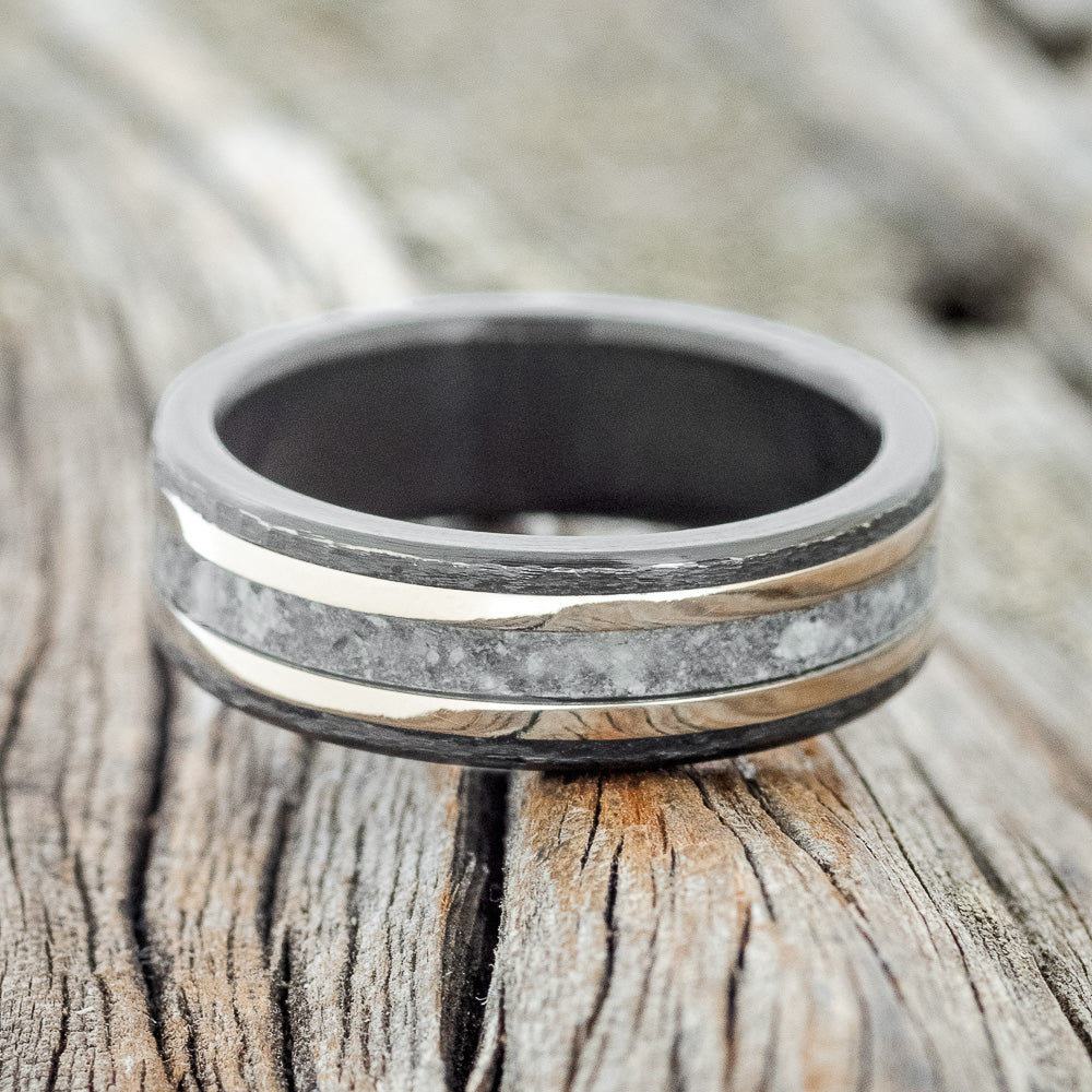 "HOLLIS" - MATCHING SET OF MOONSTONE & 14K GOLD INLAYS WEDDING RINGS-7