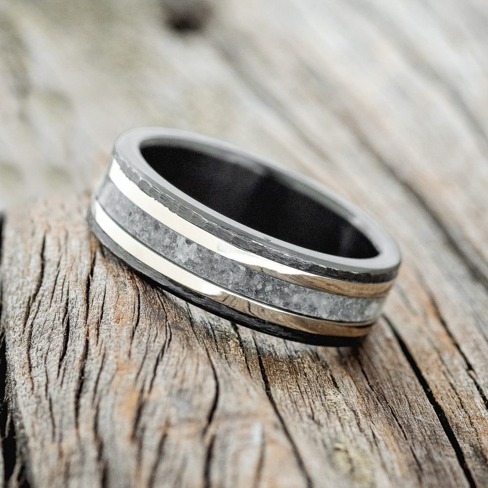 "HOLLIS" - MATCHING SET OF MOONSTONE & 14K GOLD INLAYS WEDDING RINGS-5