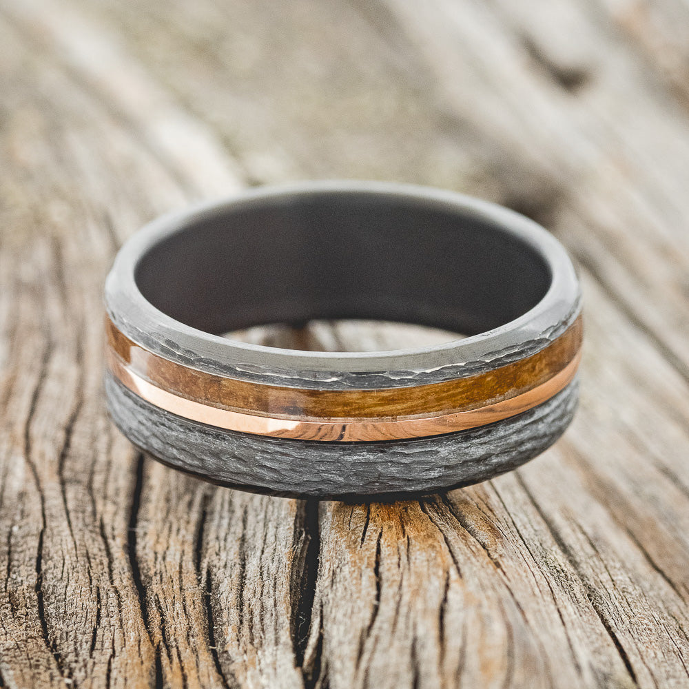 "CASTOR" - WHISKEY BARREL & 14K GOLD INLAY WEDDING RING-3