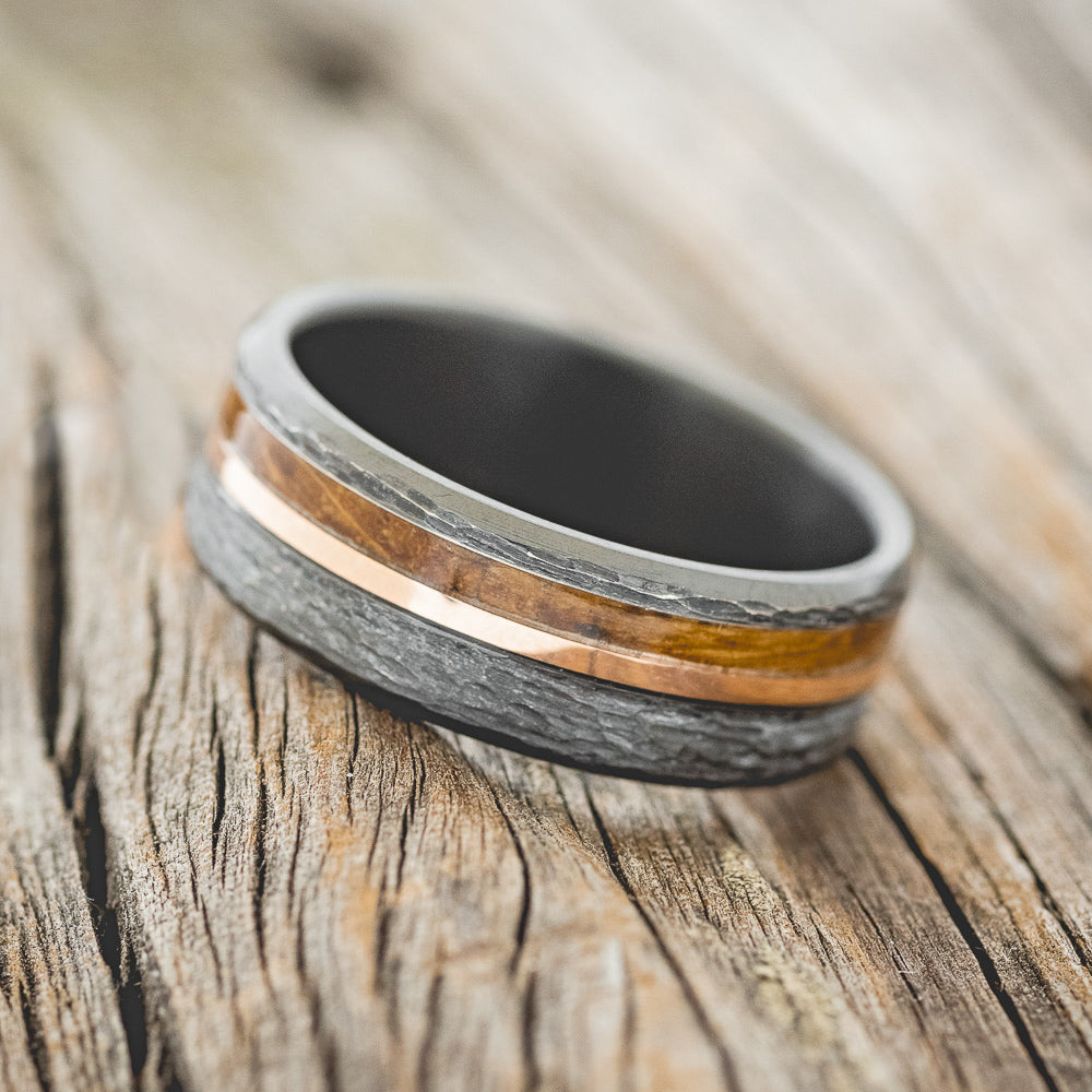 "CASTOR" - WHISKEY BARREL & 14K GOLD INLAY WEDDING RING-2
