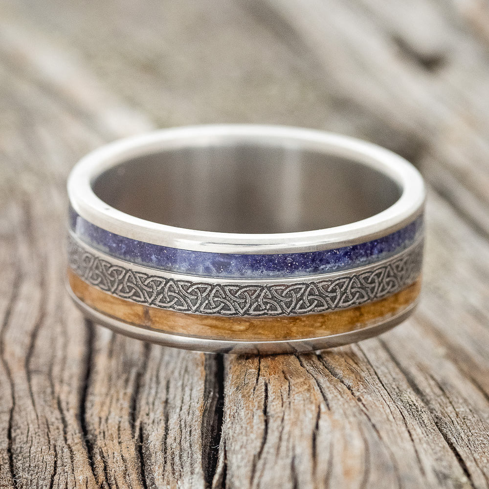 "RYDER" - CELTIC TRIQUETRA KNOT ENGRAVED, WHISKEY BARREL OAK & BLUE GOLDSTONE WEDDING RING-3