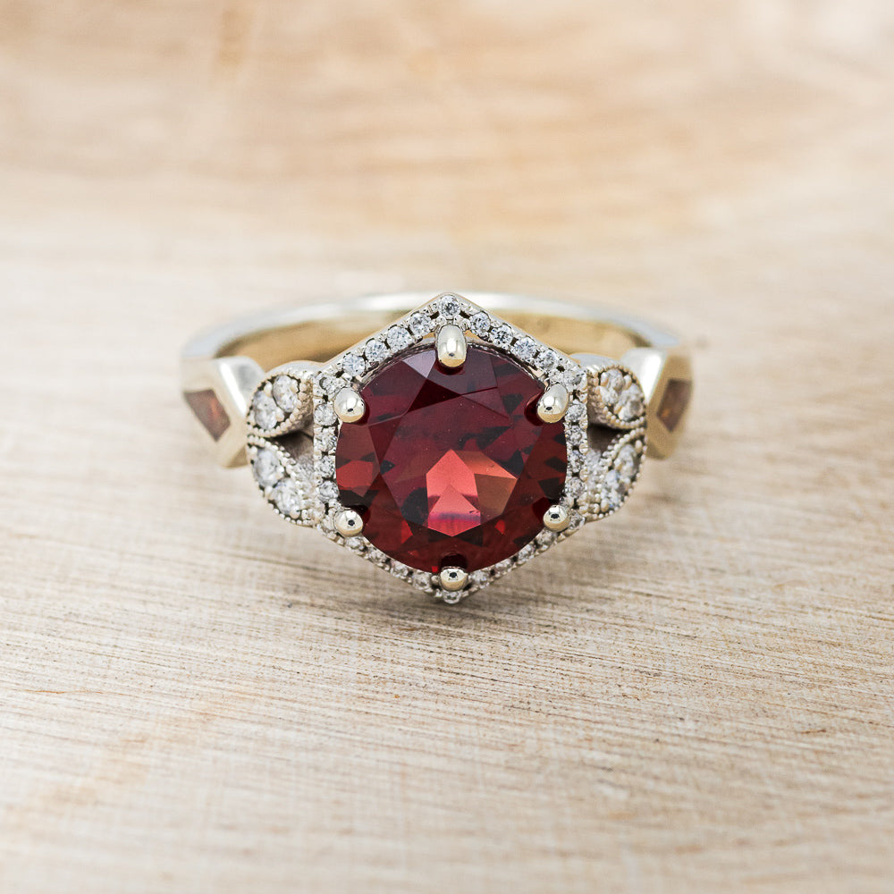 "LUCY IN THE SKY" - ROUND CUT GARNET ENGAGEMENT RING WITH DIAMOND ACCENTS, RED OPAL INLAYS WITH TRACER-16