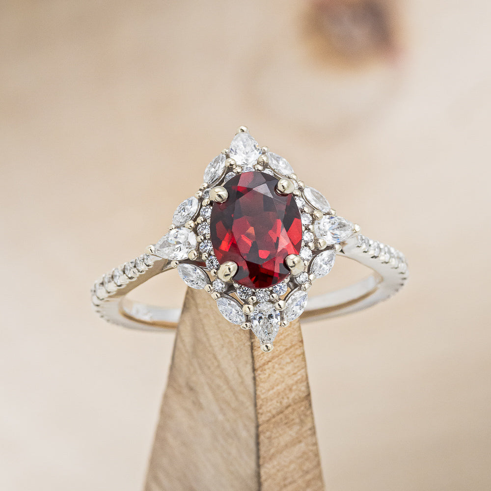 "NORTH STAR" - OVAL GARNET ENGAGEMENT RING WITH DIAMOND HALO - EXPEDITED-7