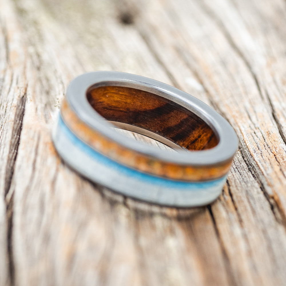 "ELEMENT" - ORANGE OPAL, ANTLER & TURQUOISE WEDDING RING FEATURING AN IRONWOOD LINED BAND-4
