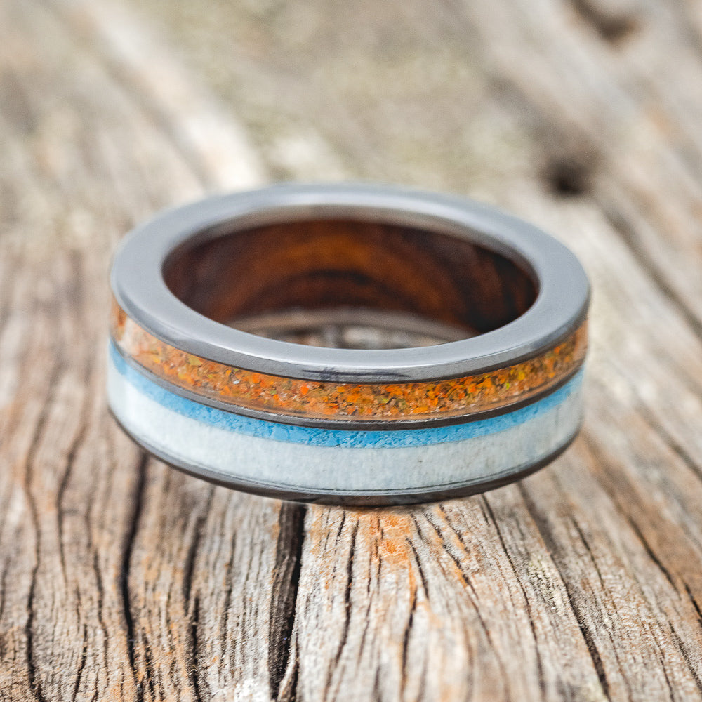 "ELEMENT" - ORANGE OPAL, ANTLER & TURQUOISE WEDDING RING FEATURING AN IRONWOOD LINED BAND-5