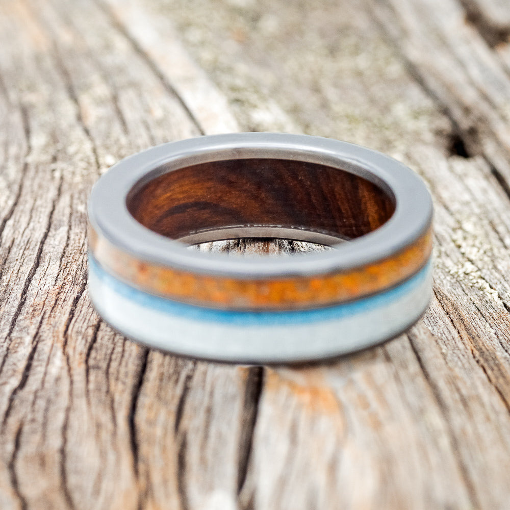 "ELEMENT" - ORANGE OPAL, ANTLER & TURQUOISE WEDDING RING FEATURING AN IRONWOOD LINED BAND-6