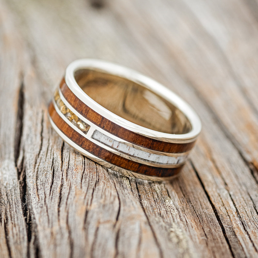 "AMBROSE" - KOA WOOD, ANTLER & GOLD NUGGETS WEDDING BAND-2