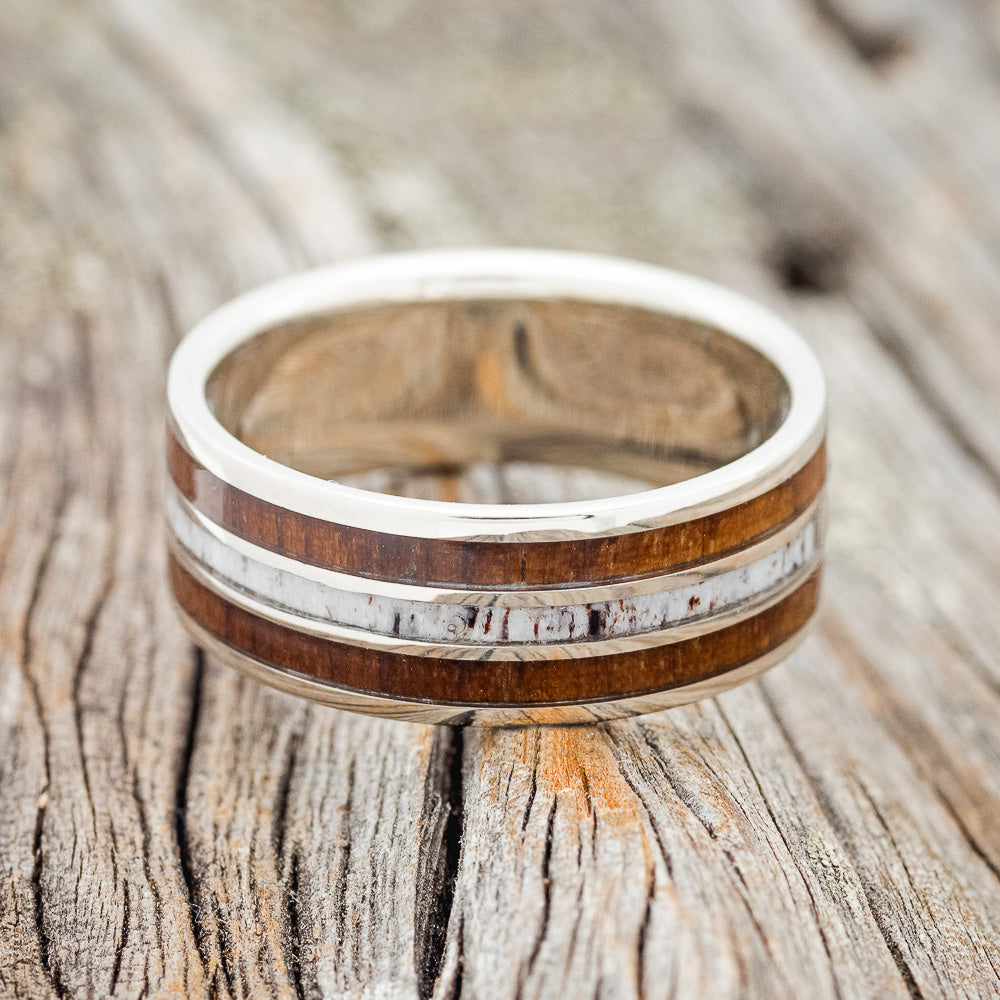 "AMBROSE" - KOA WOOD, ANTLER & GOLD NUGGETS WEDDING BAND-6