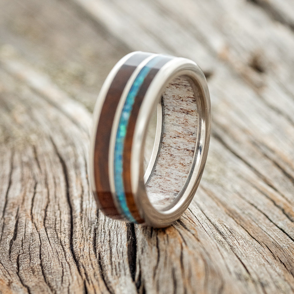 "DYAD" - KOA WOOD & BLUE OPAL WEDDING RING FEATURING AN ANTLER LINED BAND-2